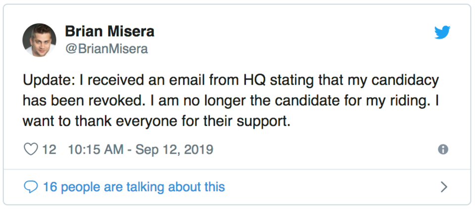 Brian Misera Tweet announcing ousting