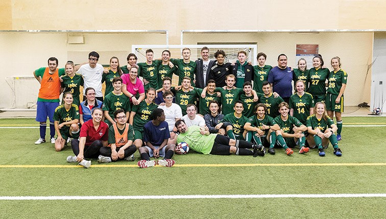 Athletes from the Prince George Special Olympics soccer team and players from the men’s and women’s UNBC Timberwolves soccer teams pose for a group photo after playing a friendly match on Saturday afternoon at Northern Sport Centre. Citizen Photo by James Doyle