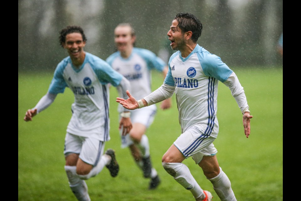 Adrian Sahagun celebrates an 89th-minute goal that gave the Capilano Blues men a 1-0 win over Douglas College in their home opener Saturday at Capilano University. photo supplied Paul Yates/Vancouver Sports Pictures