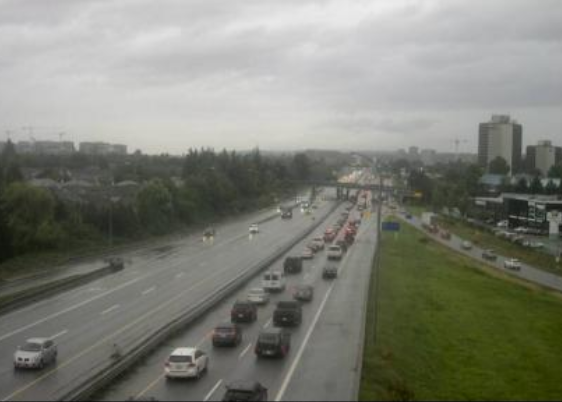 Traffic is crawling along Highway 99 towards the Oak Street Bridge Tuesday morning.