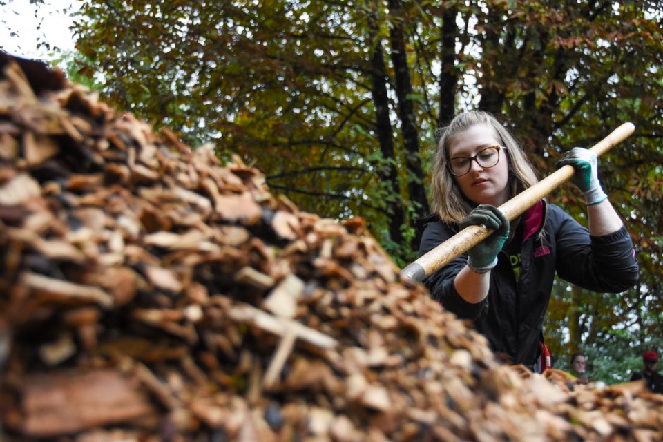 Meaghan Ryley, who works with BC Housing, volunteered her Saturday to shovel mulch into a wheelbarrow at Finnie's Garden, all part of an effort to revitalize garden that was first used for therapy at Rivrerview Hospital in the 1950s.