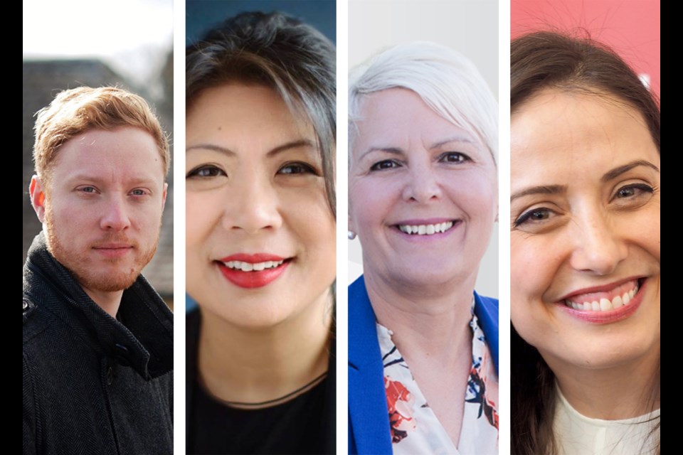Candidates from the top four parties for Port Moody-Coquitlam: from the left, challengers Bryce Watts (Green), Nelly Shin (Conservative), Bonita Zarrillo (NDP), and Sara Badiei (Liberal)