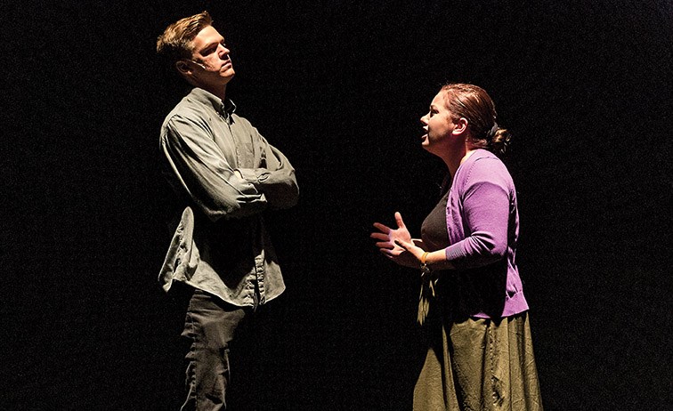 Alex Verge as Cathy Hiatt, right, and Solomon Goudsward as Jamie Wellerstein perform on stage at Theatre NorthWest on Wednesday evening during at a dress rehearsal for UNBC Theatrical Productions presentation of The Last Five Years. Citizen Photo by James Doyle