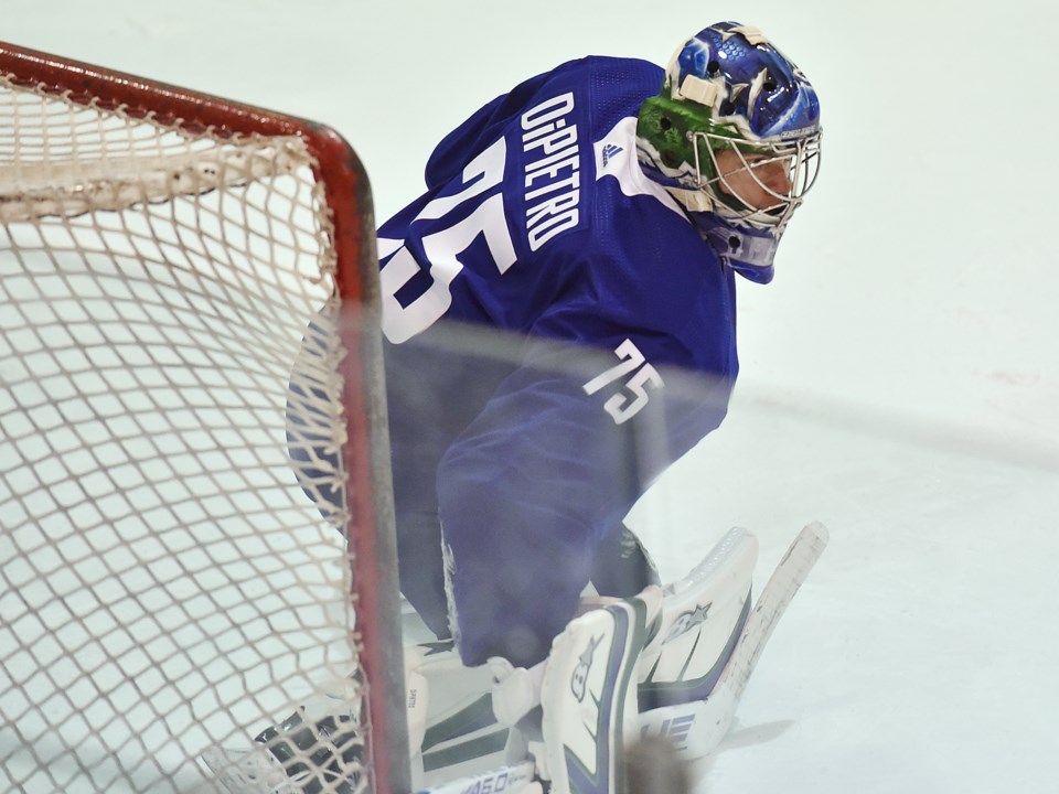 Michael DiPietro practices with the Vancouver Canucks during 2019 development camp.
