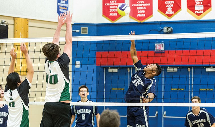 Cedars Christian School Eagles took on the PGSS Polars on Saturday afternoon at DP Todd gymnasium during the DP Todd Senior Boys Volleyball tournament. Citizen Photo by James Doyle
