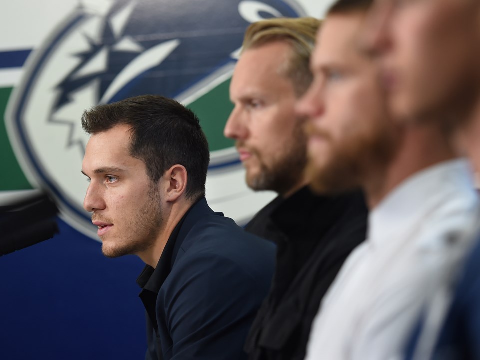 Bo Horvat answers questions at the Canucks 2019 media day.