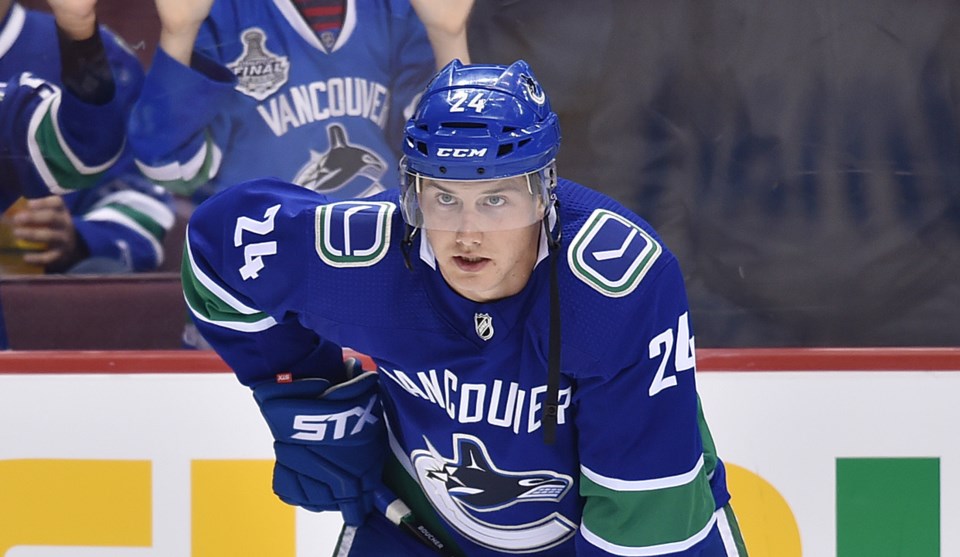 Reid Boucher lines up for the Vancouver Canucks during the 2018 preseason.