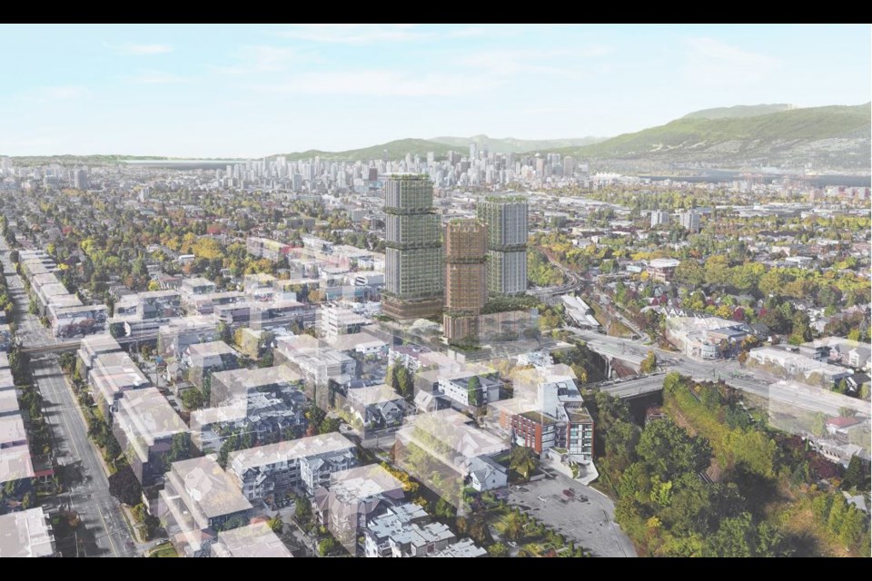 Aerial view of the proposed project looking northwest toward downtown. Rendering Perkins and Will