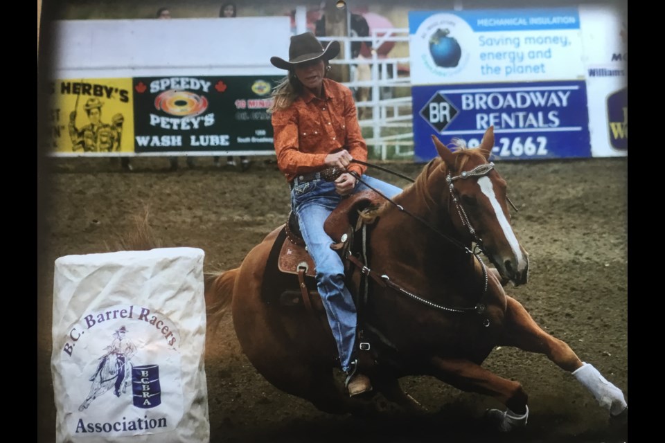 Prince George cowgirl Judy Hyde cuts around a barrel at the 2017 B.C. Rodeo Association finals in Williams Lake. Hyde and her horse Twiggy won the BCRA championship this year in Barriere, the third BCRA title of Hyde's rodeo career.