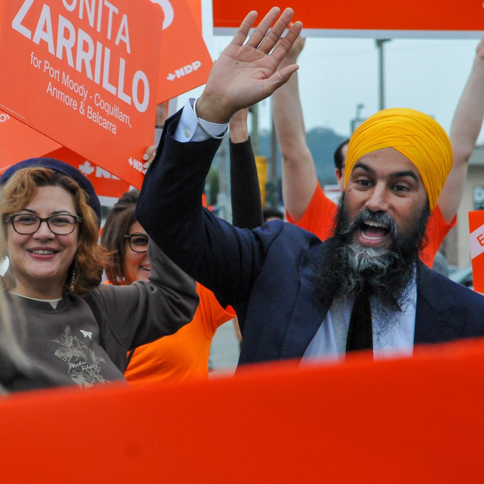 NDP leader Jagmeet Singh greets supports along St Johns Street in Port Moody Wednesday