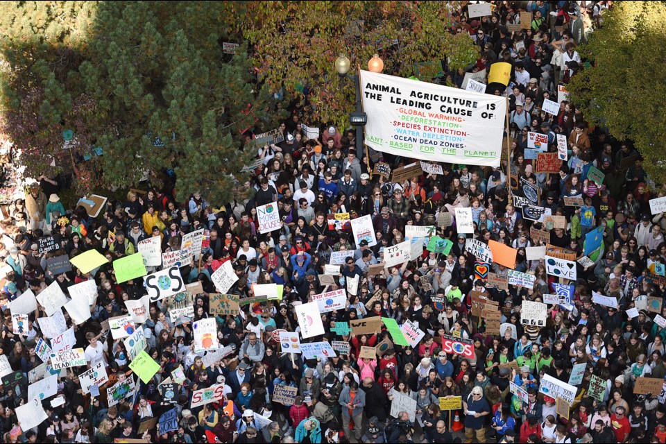 Tens of thousands attended the Global Climate Strike at Vancouver city hall Sept. 27 before marching over the Cambie Street Bridge into downtown. Photo Dan Toulgoet