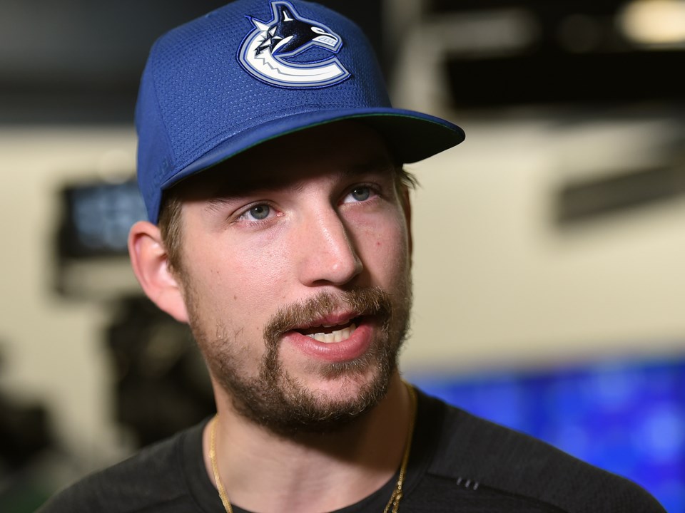 Sven Baertschi talks to the media at the 2019 Canucks media day.