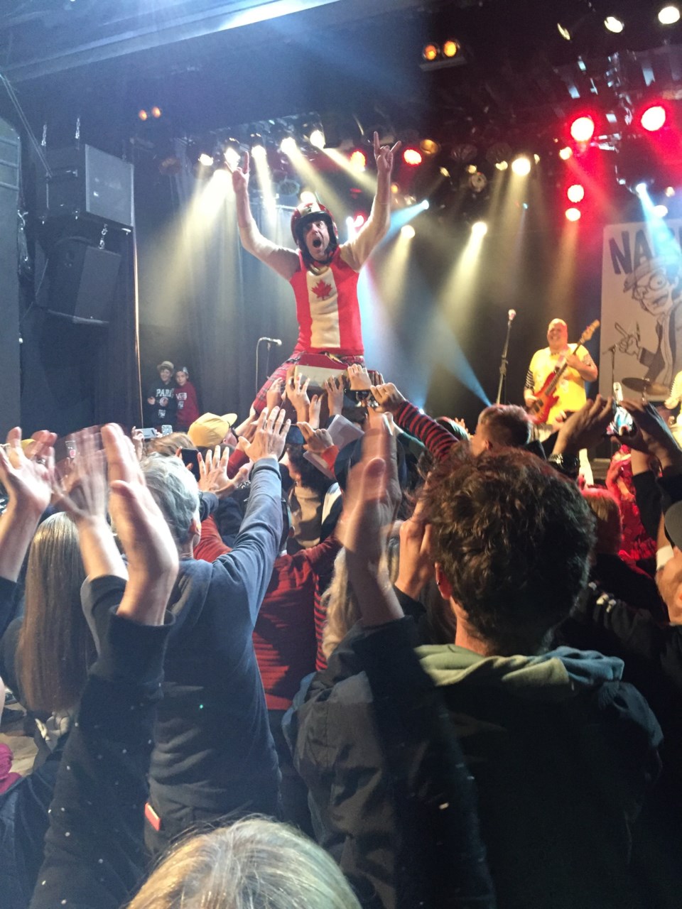During the Evaporators’ performance Nardwuar crowd-surfed all way down the stairs of the Commodore t