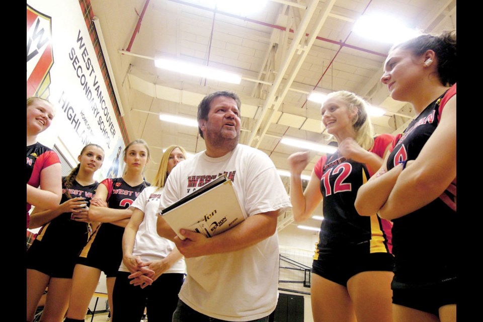 Mike MacNeil fires up members of his West Vancouver Highlanders volleyball team during a previous season. The beloved coach, teacher, and counsellor passed away in August. photo supplied Jo-Anne McKee/West Vancouver Secondary