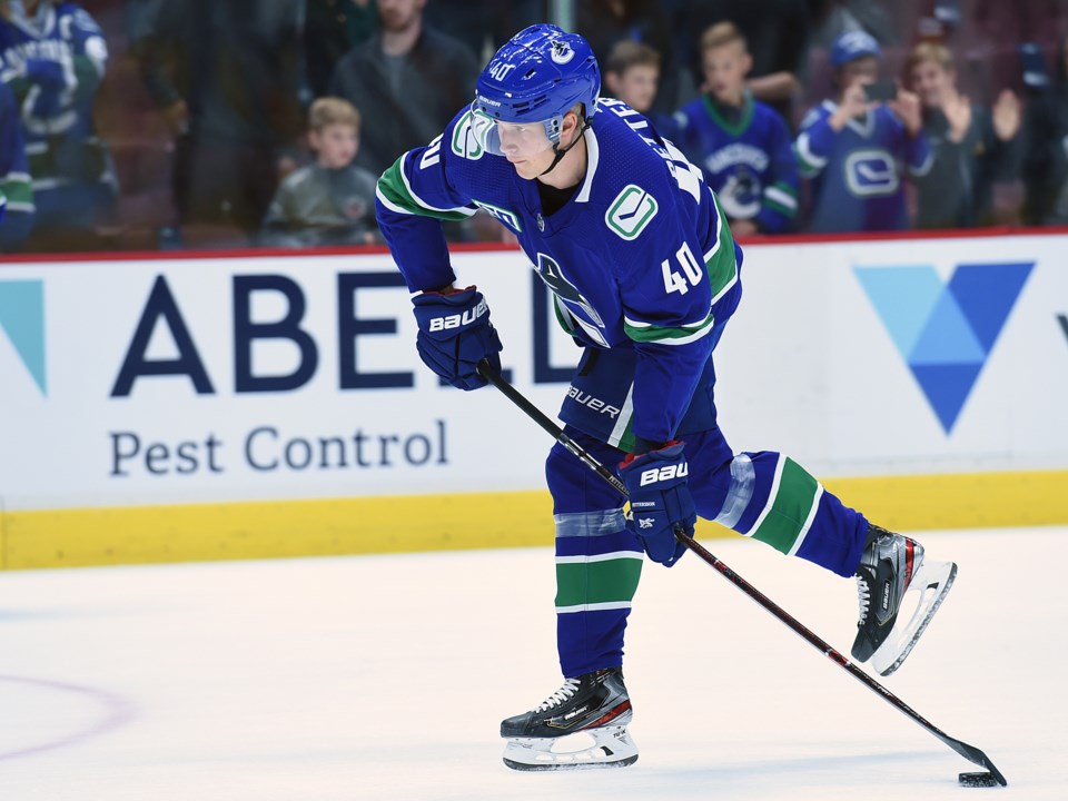Elias Pettersson takes a shot in warm-ups for the Vancouver Canucks.