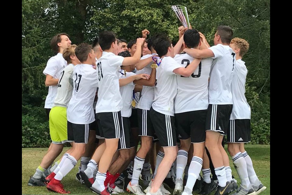 The Mountain United under-17 boys soccer team celebrates its win last June in the provincial final. Next week they get to play for all the marbles at the Toyota Soccer championships in PEI.