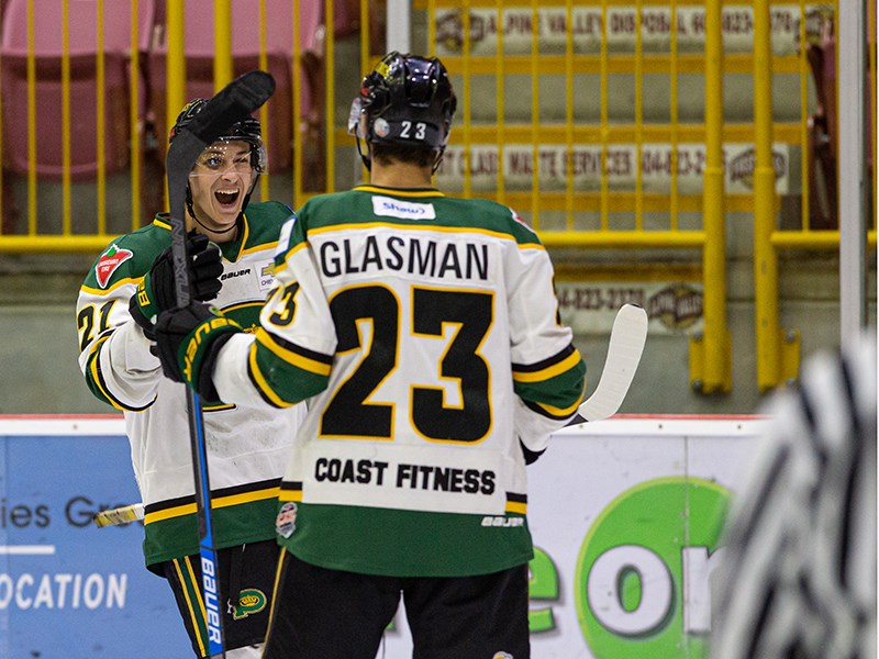 Powell River Kings forwards Rowan Miller [left] and Levi Glasman