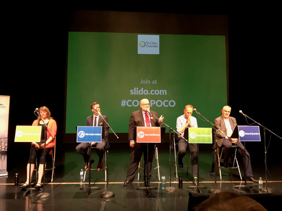 Candidates for Coquitlam-Port Coquitlam on stage at the Tri-Cities Chamber of Commerce Debate, Oct.