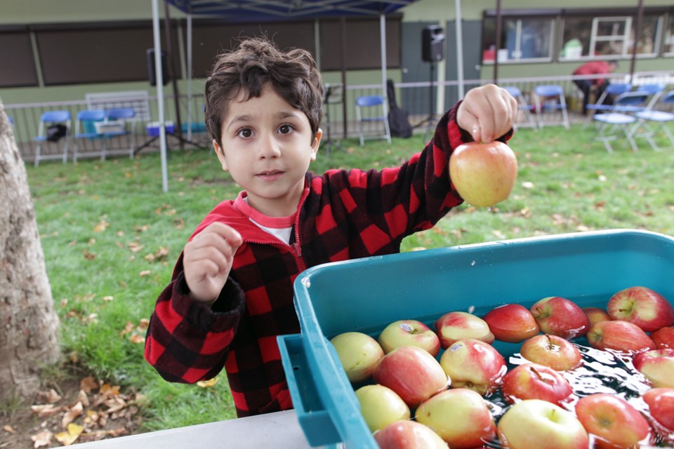 Karos Karem, 5, picks an apple out of the apple wash.