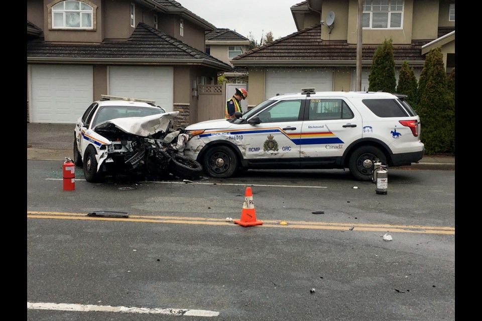 This photo shows how one police cruiser appears to have rammed head-on into another. Bob Williamson photo