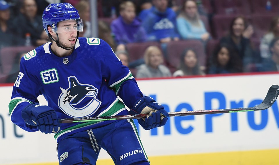 Quinn Hughes skates for the Canucks in the 2019 preseason.