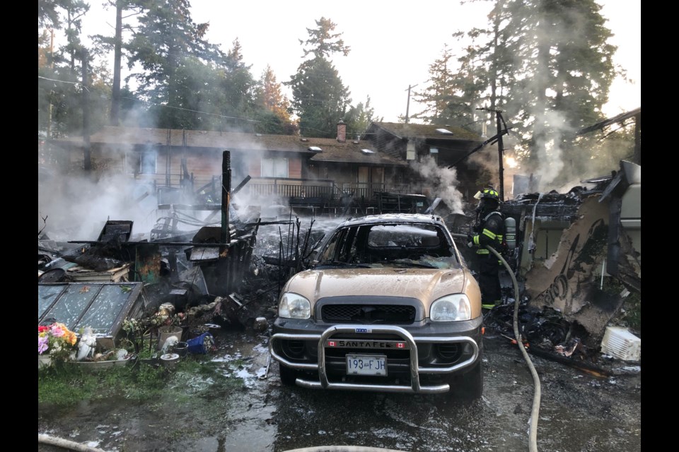 Three mobile homes were destroyed in an explosion and fire on Craigflower Road this morning. Photo courtesy View Royal Fire Rescue