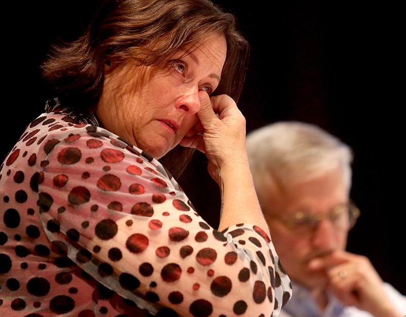 Port Moody councillor Meghan Lahti gets emotional at Tuesday's meeting of city countil as she speaks to a motion by fellow councillor Diana Dilworth asking Mayor Rob Vagramov to resume his leave of absence until his charge of sexual assault is dealt with. Lahti said "it's our job to maintain the public's trust."