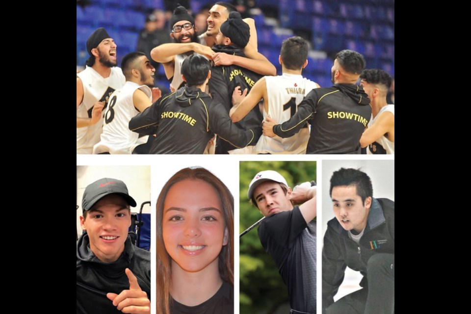 Delta Sports Champion winners include (clockwise): the North Delta Huskies (basketball), Cody Tanaka (curling), Jace Minni (golf), Rawnie Weststrate (softball) and Aaron Lattimer (rowing).