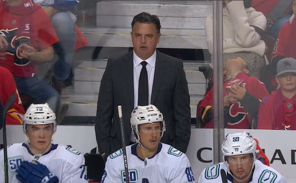 Travis Green is unimpressed with his team's second too many men penalty.
