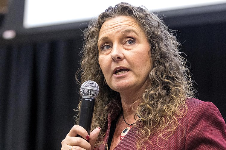 Tracy Calogheros, Liberal Party candidate in the Cariboo-Prince George riding, speaks during an all-candidates forum on Wednesday evening at UNBC’s Canfor Theatre. Citizen Photo by James Doyle