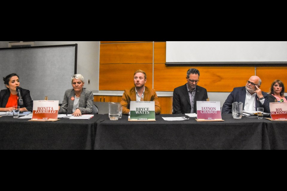 Candidates for Port Moody-Coquitlam and Coquitlam-Port Coquitlam at this week's Tri-Cities Environment Debate. Missing is Green candidate for Coquitlam-Port Coquitlam Brad Nickason (off camera) and the Tri-Cities's two Conservative candidates who declined to attend.