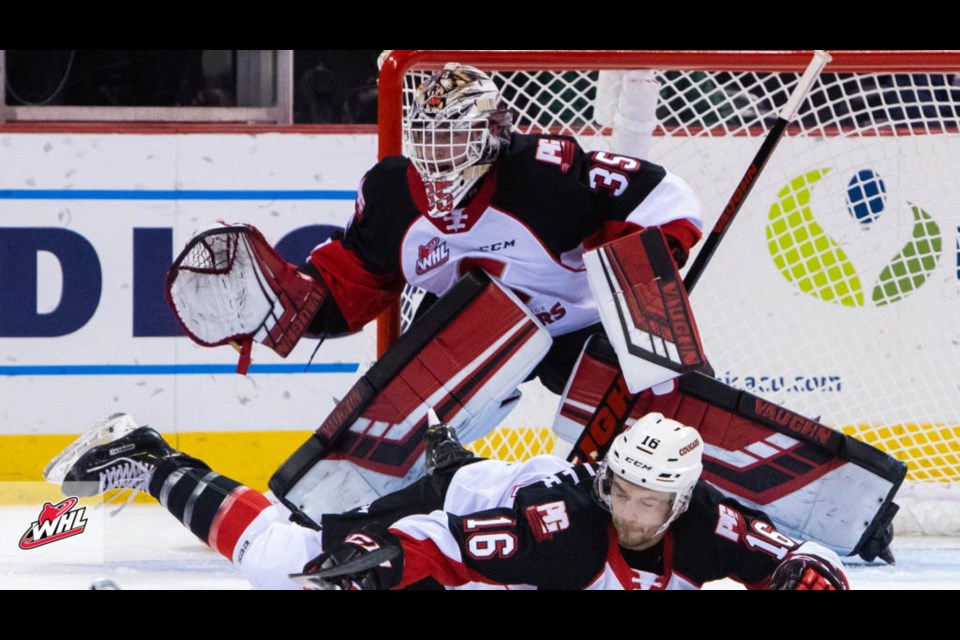 Prince George Cougar goalie Taylor Gauthier made 44 saves Friday in a 3-1 win over the Spokane Chiefs in Spokane, Wash.