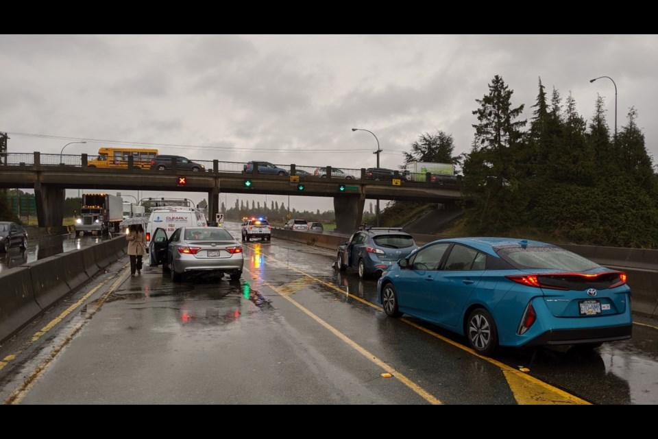 Commuter Matt Pitcairn posted on Twitter that he had to pick up debris and push cars out of traffic following the multi-vehicle collision northbound near the Massey Tunnel this morning.