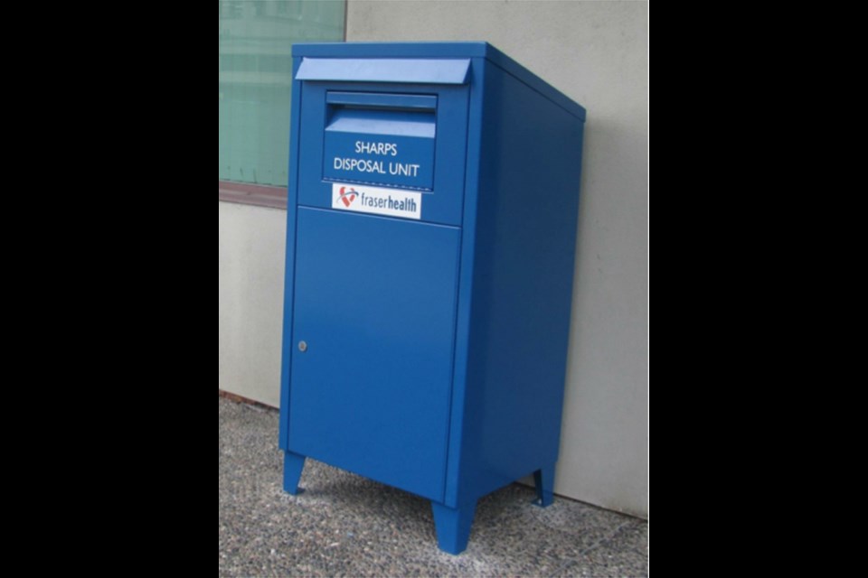 A Fraser Health needle disposal box.