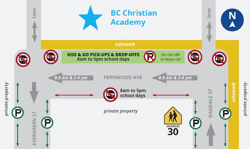 Proposed changes to the drop-off and pickup zones for BC Christian Academy on Fernwood Avenue in Port Coquitlam.