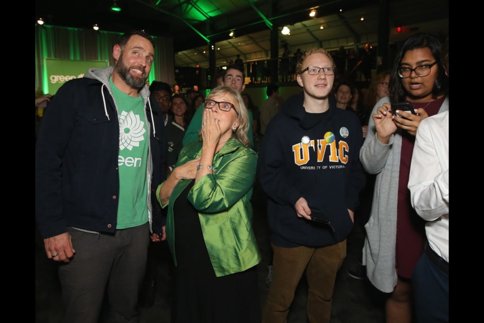 Green Party Leader Elizabeth May watches returns at the Victoria Conference Centre in Victoria on election night, Oct. 21, 2019.