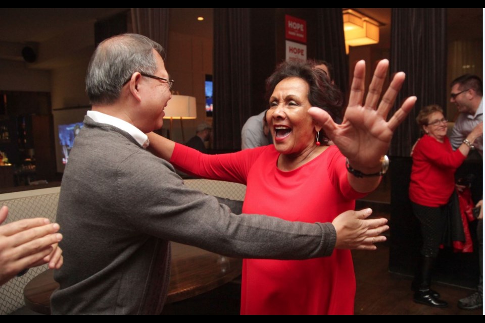 Vancouver-Centre MP Hedy Fry celebrating her re-election Monday night. Photo Kevin Hill