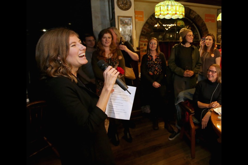 Laurel Collins at Bartholomews Pub during the 2019 federal election on Oct. 21, 2019.