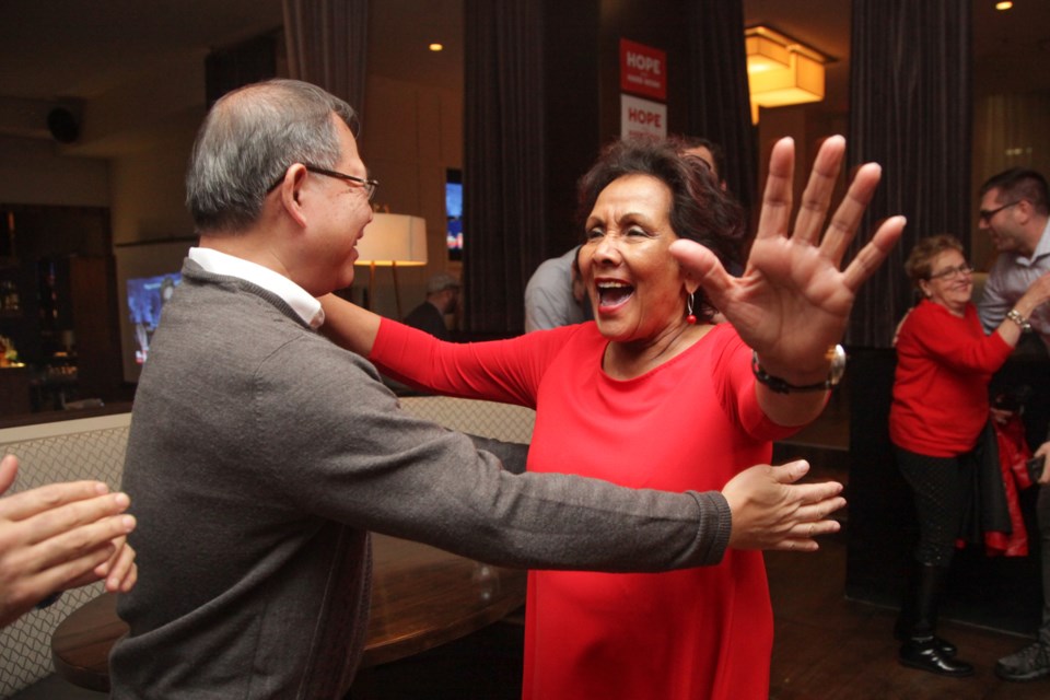 Liberal MP Hedy Fry celebrates her re-election in Vancouver Centre. Photo Kevin Hill