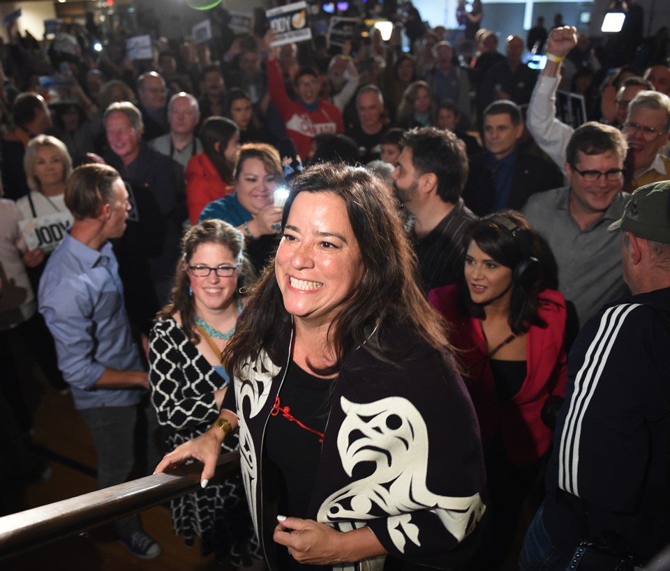 Independent incumbent Jody Wilson-Raybould prepares to speak to her jubilant supporters after winnin
