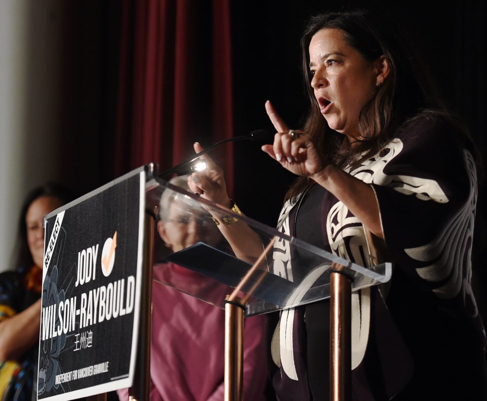 Independent incumbent Jody Wilson-Raybould gives her victory speech after winning Vancouver Granvill