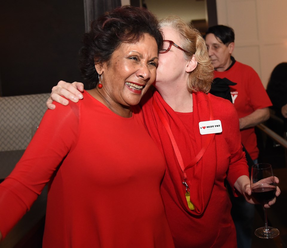 Liberal MP Hedy Fry is congratulated after her re-election last night. Photo Kevin Hill