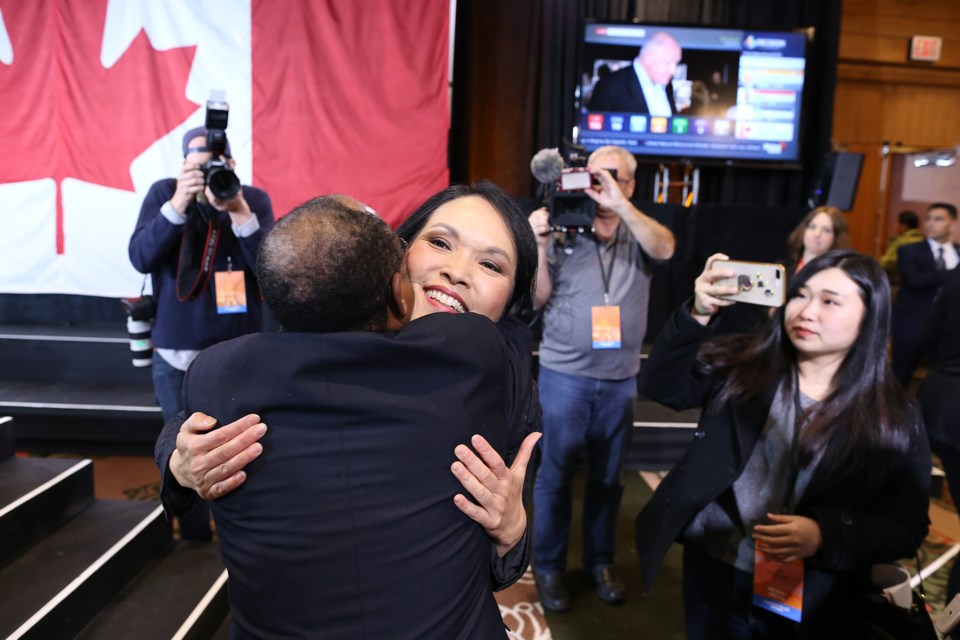 Vancouver East NDP incumbent Jenny Kwan celebrates her re-election win. Photo Lisa King/Burnaby Now