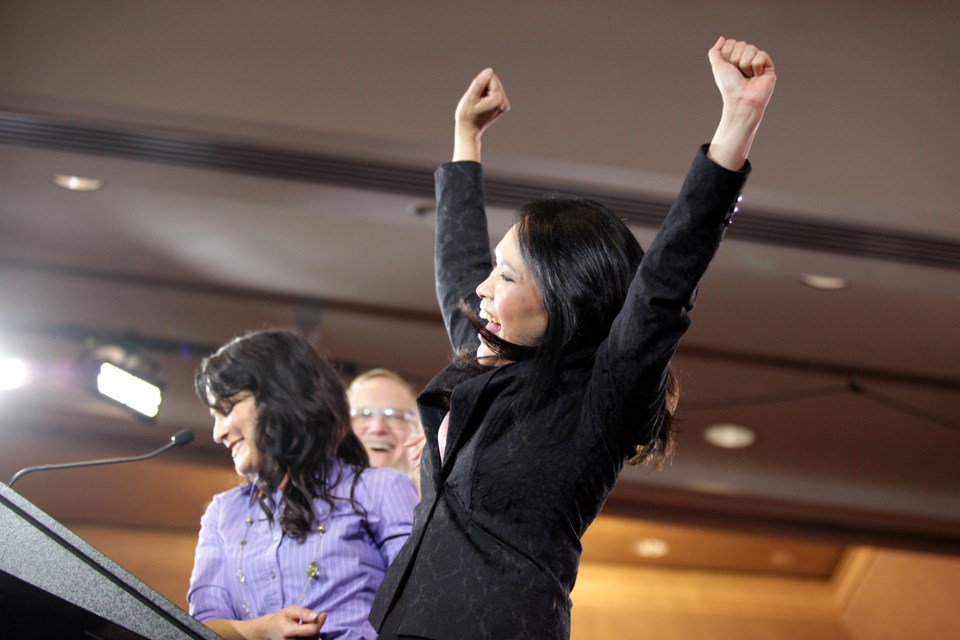Vancouver East NDP incumbent Jenny Kwan celebrates her re-election win. Photo Lisa King/Burnaby Now