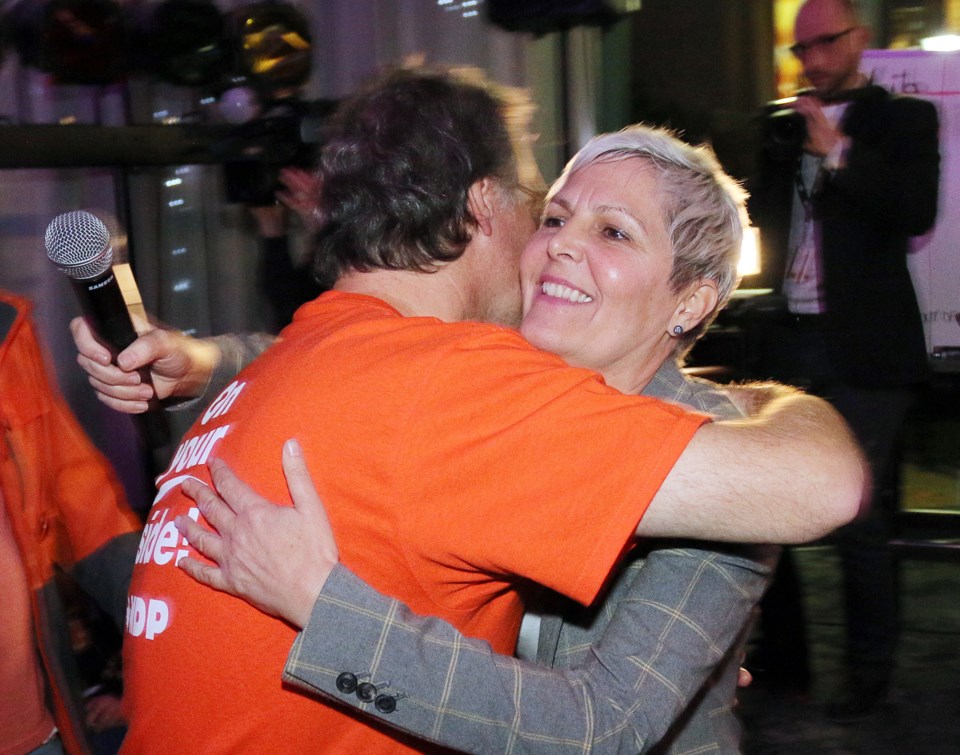 Coquitlam city councillor Bonita Zarrillo gets a hug from the outgoing NDP Member of Parliament for