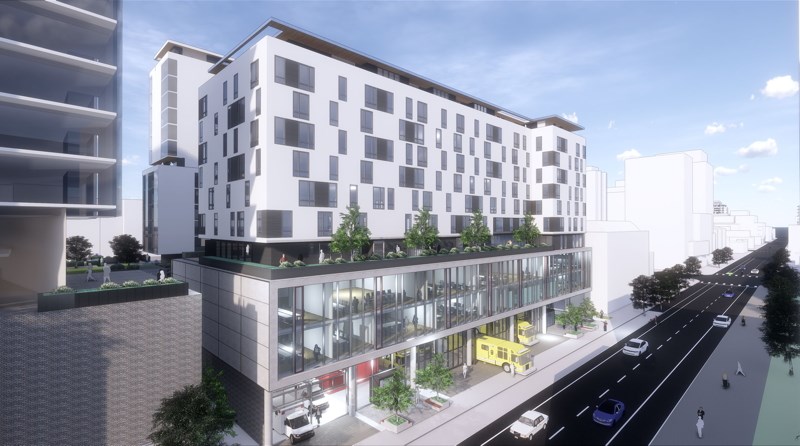 The project, on a block bordered by Johnson, Cook and Yates streets, will include a 12 storey building that has fire and ambulance bays on the bottom two floors, office space on the third, and affordable housing on the remaining floors.