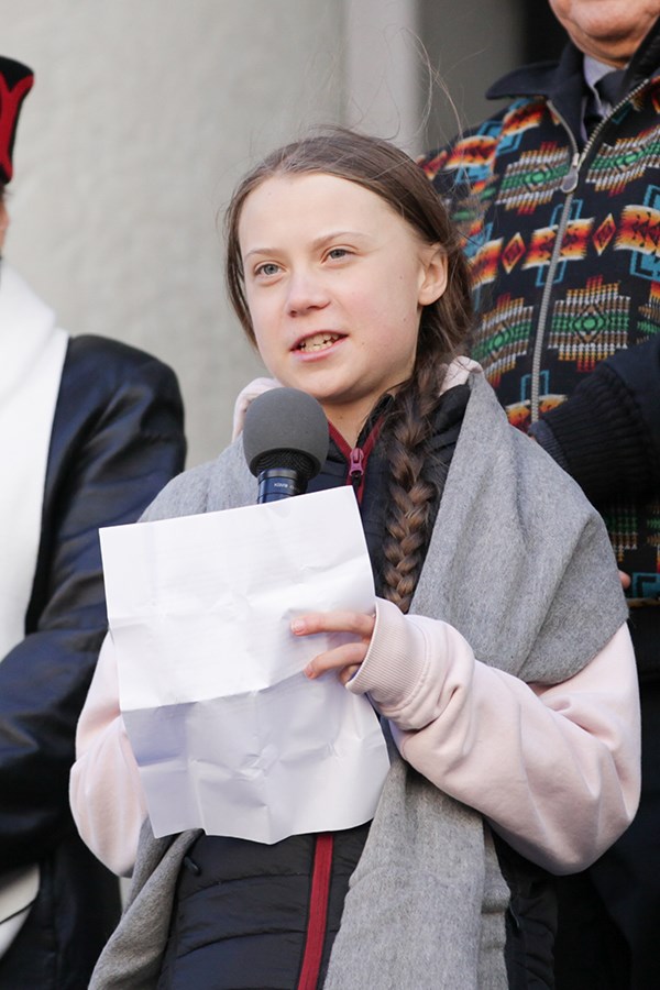 Greta Thunberg speaks to the crowd outside of the Vancouver Art Gallery. Photo Kevin Hill