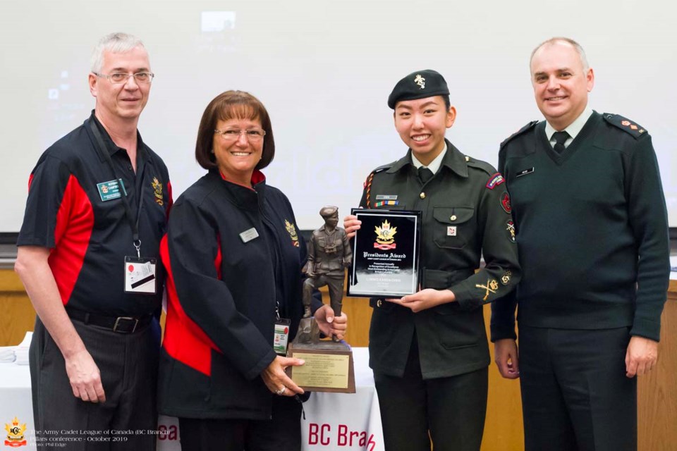 From left, Norman Campbell (president ACLC BC Branch), Cathy Bach (national president ACLC), Master Warrant Officer Karen Chen, Lieutenant-Colonel Neville Head (Regional Cadet Support Unit Pacific). Photo submitted