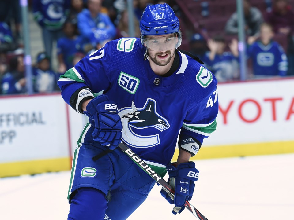 Sven Baertschi warms up with the Vancouver Canucks in the 2019 preseason.