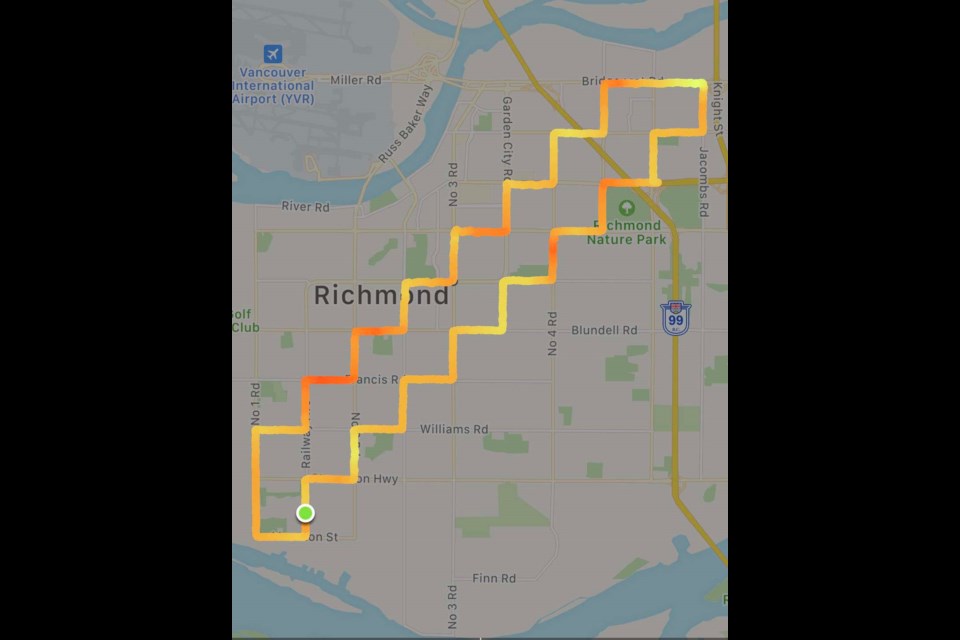 Just one of Peter Grant's crazy running routes around Richmond. Photo submitted